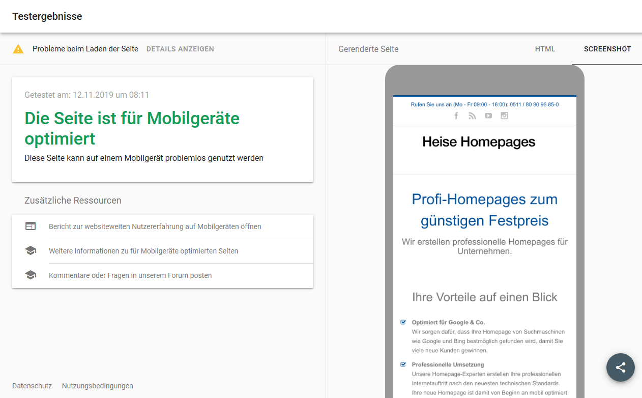 Testergebnis heise-homepages.de