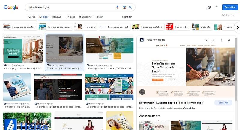 Google Bildersuche am Beispiel von Heise Homepages, Quelle: Heise RegioConcept