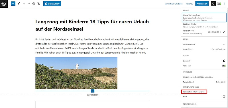 WordPress-Seite duplizieren mit Gutenberg kompletten Inhalt kopieren