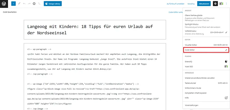 Screenshot zeigt, wie man einen WordPress-Beitrag mit dem Code-Editor kopiert.
