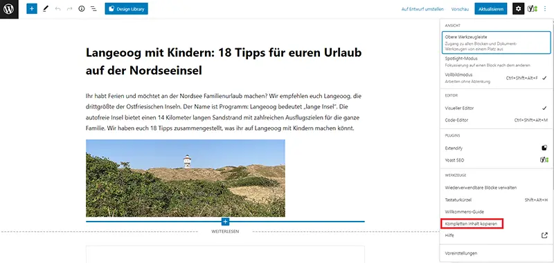 Screenshot zeigt, wie man den kompletten Inhalt einer WordPress-Seite mit Gutenberg dupliziert.