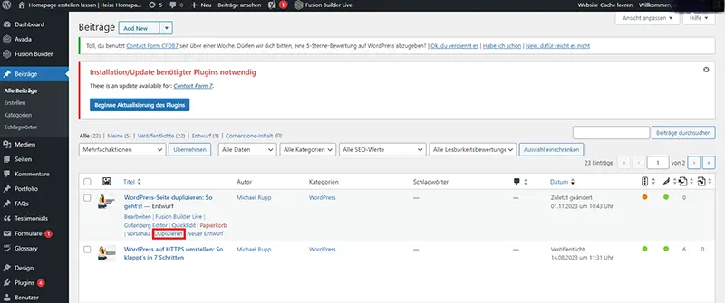 Screenshot zeigt, wie man einen WordPress-Beitrag mit dem Plugin Yoast Duplicate kopiert.